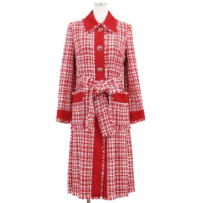 【新品同様】DOLCE&GABBANA ドルチェアンドガッバーナ ツイード ロングコート サイズ 36 レディース リボン トリム アウター レッド 赤