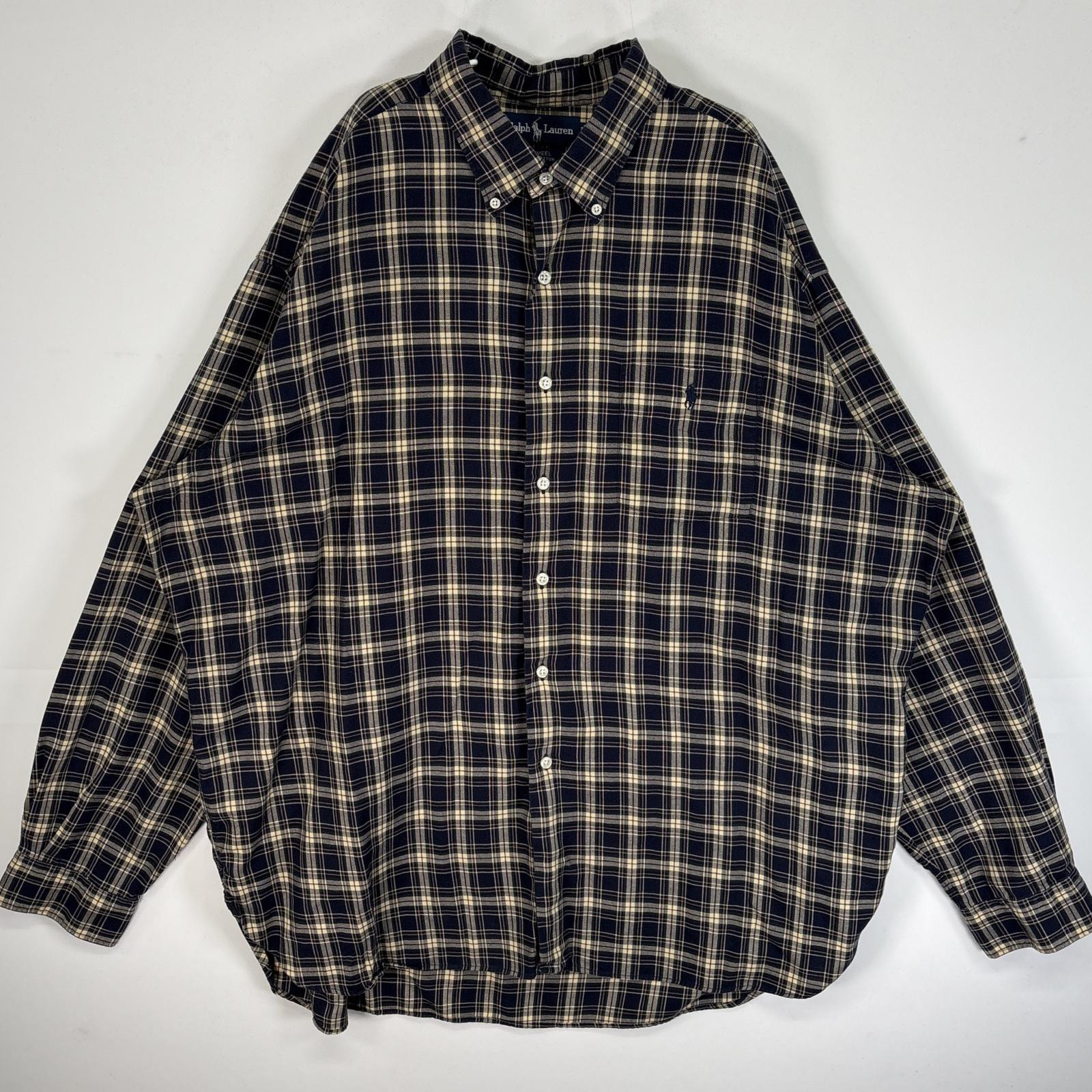 古着 90's/90年代 ラルフローレン RALPH LAUREN 長袖シャツ ロゴ 刺繍 チェック柄 MCMEEL 大きいサイズ 14041  ネイビー系 マルチカラー メンズ
