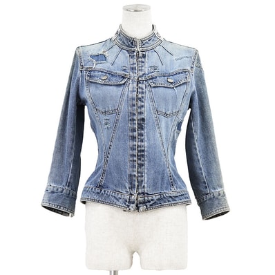 DOLCE&GABBANA ドルチェアンドガッバーナ Vintage デニム ジャケット サイズ 40 レディース ヴィンテージ ロゴ ラインストーン ボタン ダメージ加工 スタンドカラー アウター ライトインディゴ イタリア製