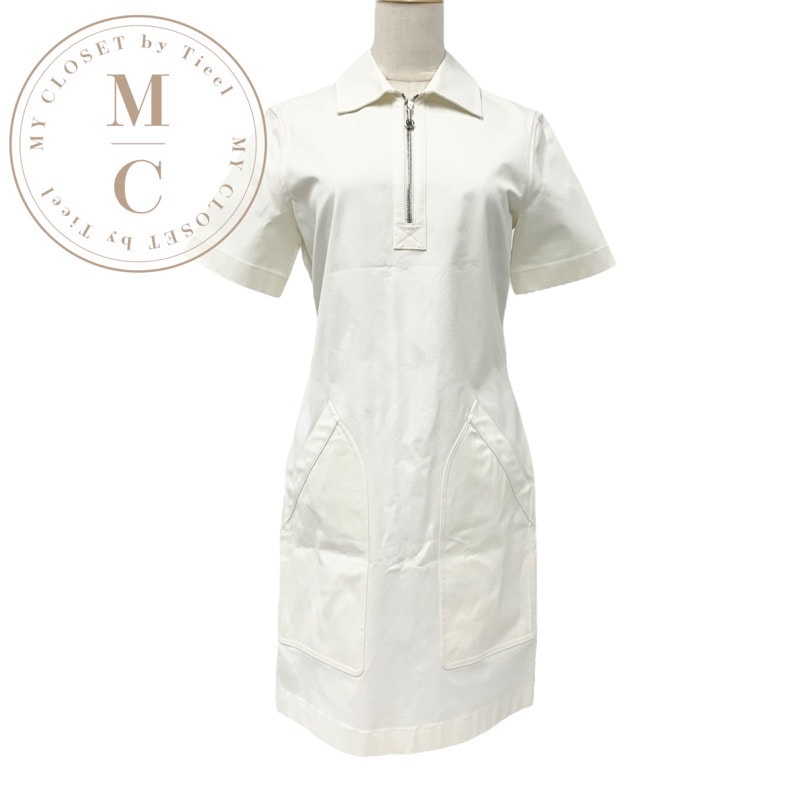 エルメス HERMES ワンピース コットン ホワイト 白 ハーフジップ トゥレ金具 ベルト付き 半袖