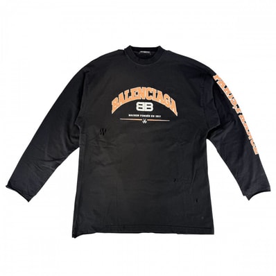 BALENCIAGA バレンシアガ 長袖Tシャツ クルーネックTシャツ ダメージ加工 トップス アパレル 服 681046 ブラック 黒 コットン メンズ オールシーズン【中古品】