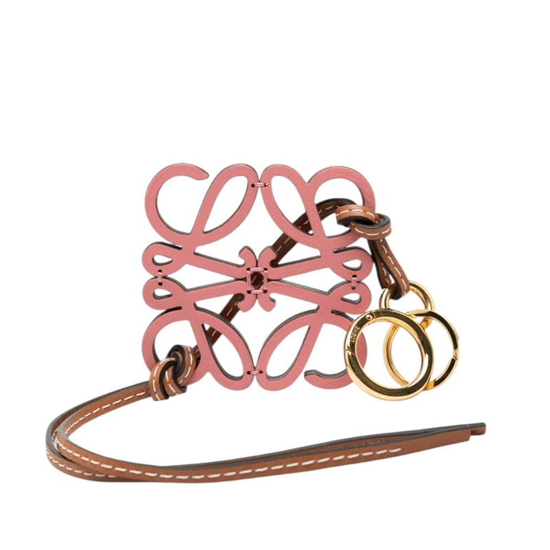 ロエベ アナグラム キーホルダー バッグチャーム キーリング ブラウン ピンク レザー レディース LOEWE 中古