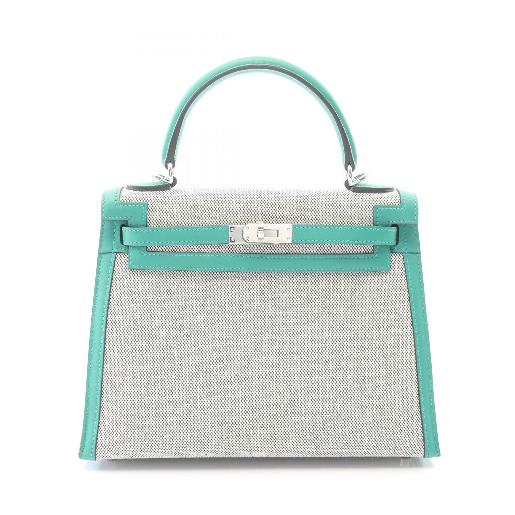 エルメス HERMES ケリー25 外縫い ハンドバッグ バッグ キャンバス レザー ヴォースイフト トワルアッシュ エクリュ W刻印(2024年製造) レディース グレー系 / グリーン系 / ヴェールヴェルティゴ 【中古】