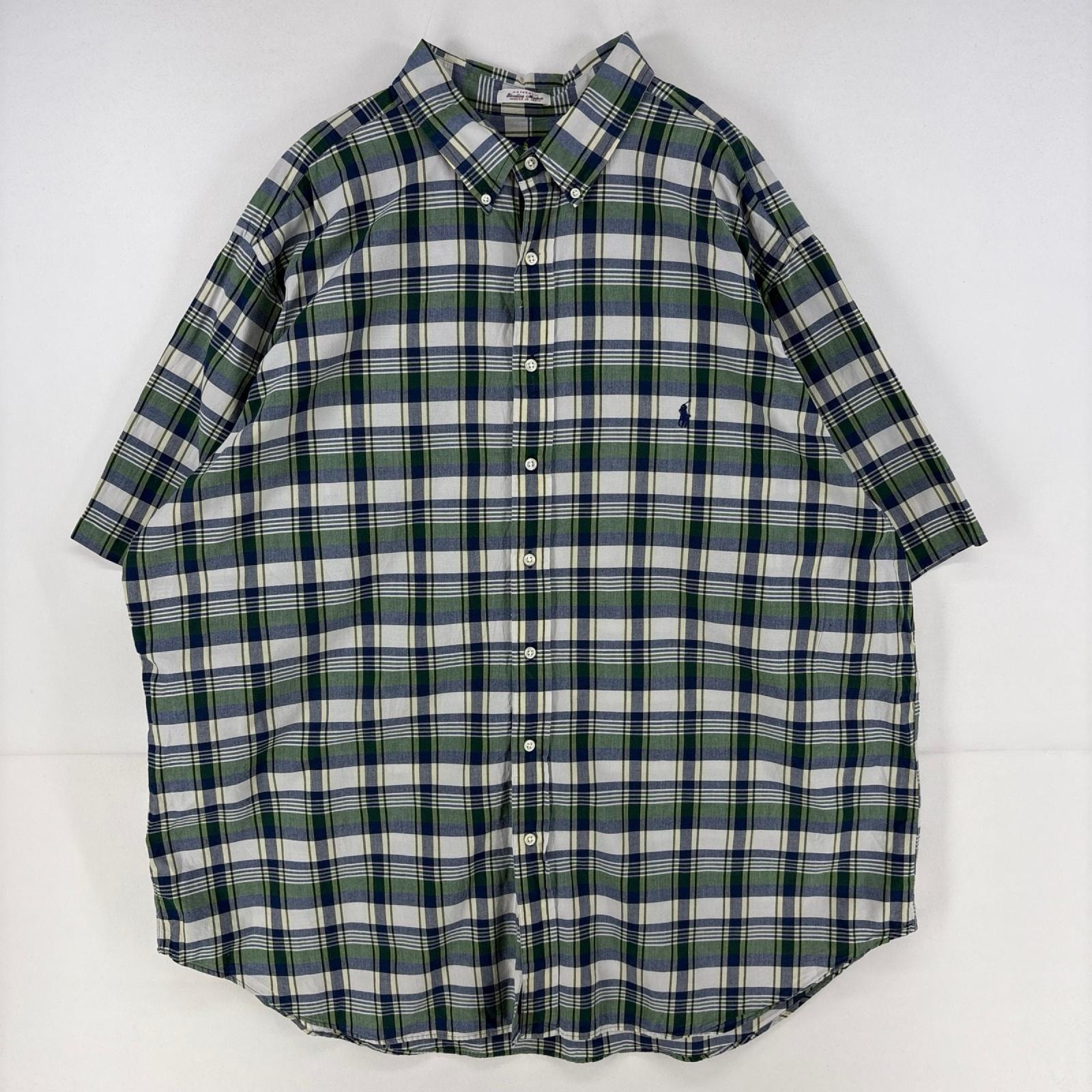 古着 ラルフローレン RALPH LAUREN 半袖シャツ ボタンダウン ワンポイント刺繍ロゴ 大きいサイズ 3XL ブルー系 チェック メンズ