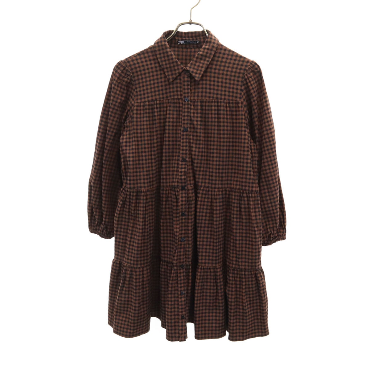 ZARA ザラ ギンガムチェック柄 長袖 テアード シャツワンピース M ブラウン系