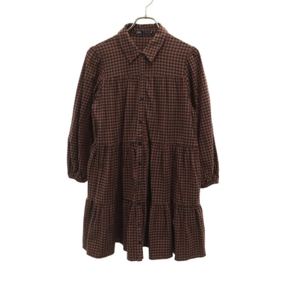 ZARA ザラ ギンガムチェック柄 長袖 テアード シャツワンピース M ブラウン系