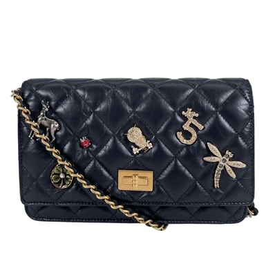 CHANEL シャネル 2.55 マトラッセ アイコンチャーム / エンブロイダリー チェーンウォレット ショルダーバッグ カーフ ブラック レディース【中古】