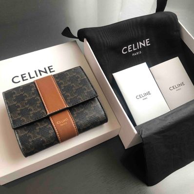 CELINE Small Trifold Wallet In Triomphe Canvas And Lambskin "Tan"