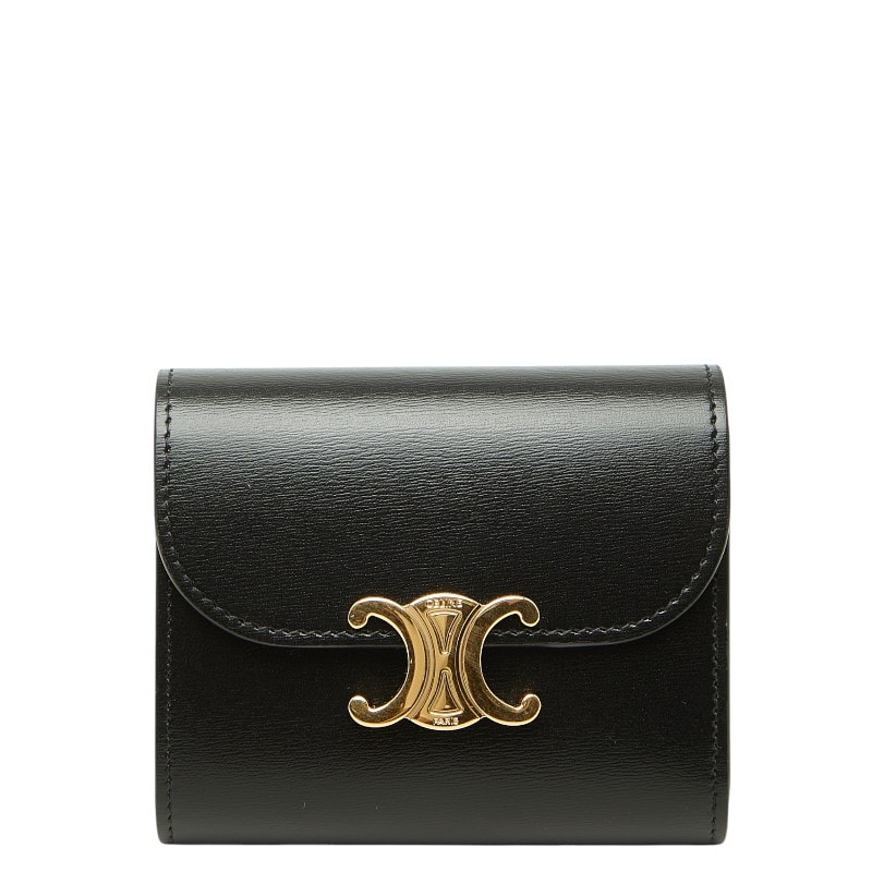 セリーヌ トリオンフ 三つ折り財布 スモールフラップウォレット ブラック レザー レディース CELINE 【中古】