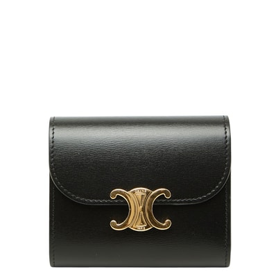 セリーヌ トリオンフ 三つ折り財布 スモールフラップウォレット ブラック レザー レディース CELINE 【中古】