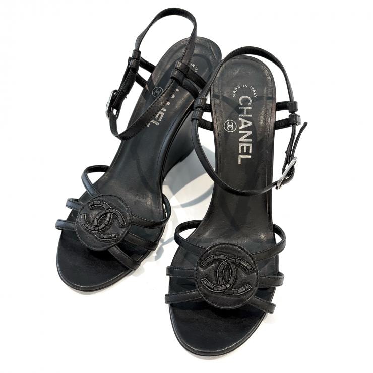 シャネル CHANEL ビーズ ココマーク 36 1/2 サンダル 靴 ハイヒール ブラック 正規品【鑑定済み】