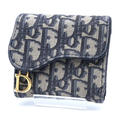 Christian Dior(クリスチャン・ディオール)Saddle Lotus ウォレット ディオール オブリーク ジャカード 三つ折り財布 ネイビー ゴールド金具 レディース【中古】