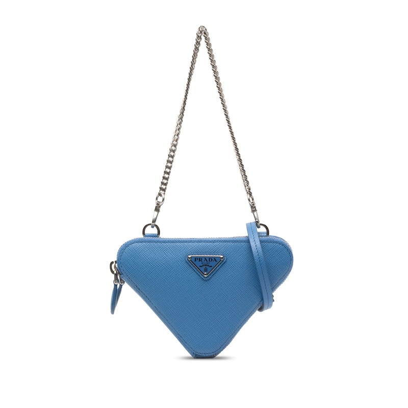 プラダ 三角ロゴプレート チェーン ハンドバッグ ショルダーバッグ 2WAY ブルー サフィアーノレザー レディース PRADA 中古