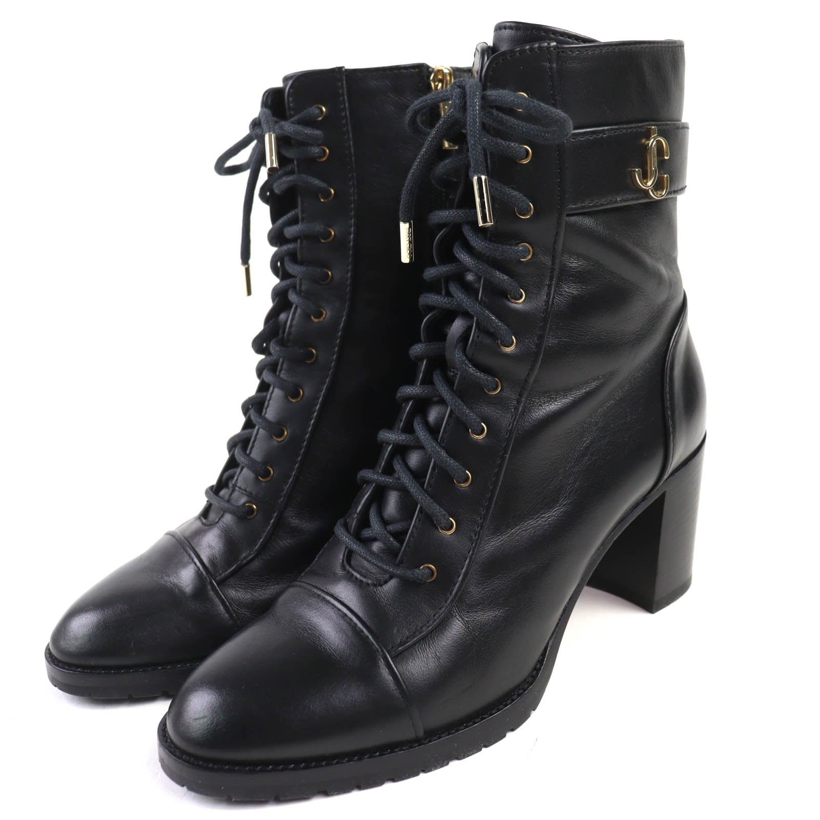 美品 ジミーチュウ JCロゴ レースアップ レザー アンクルブーツ 黒 38