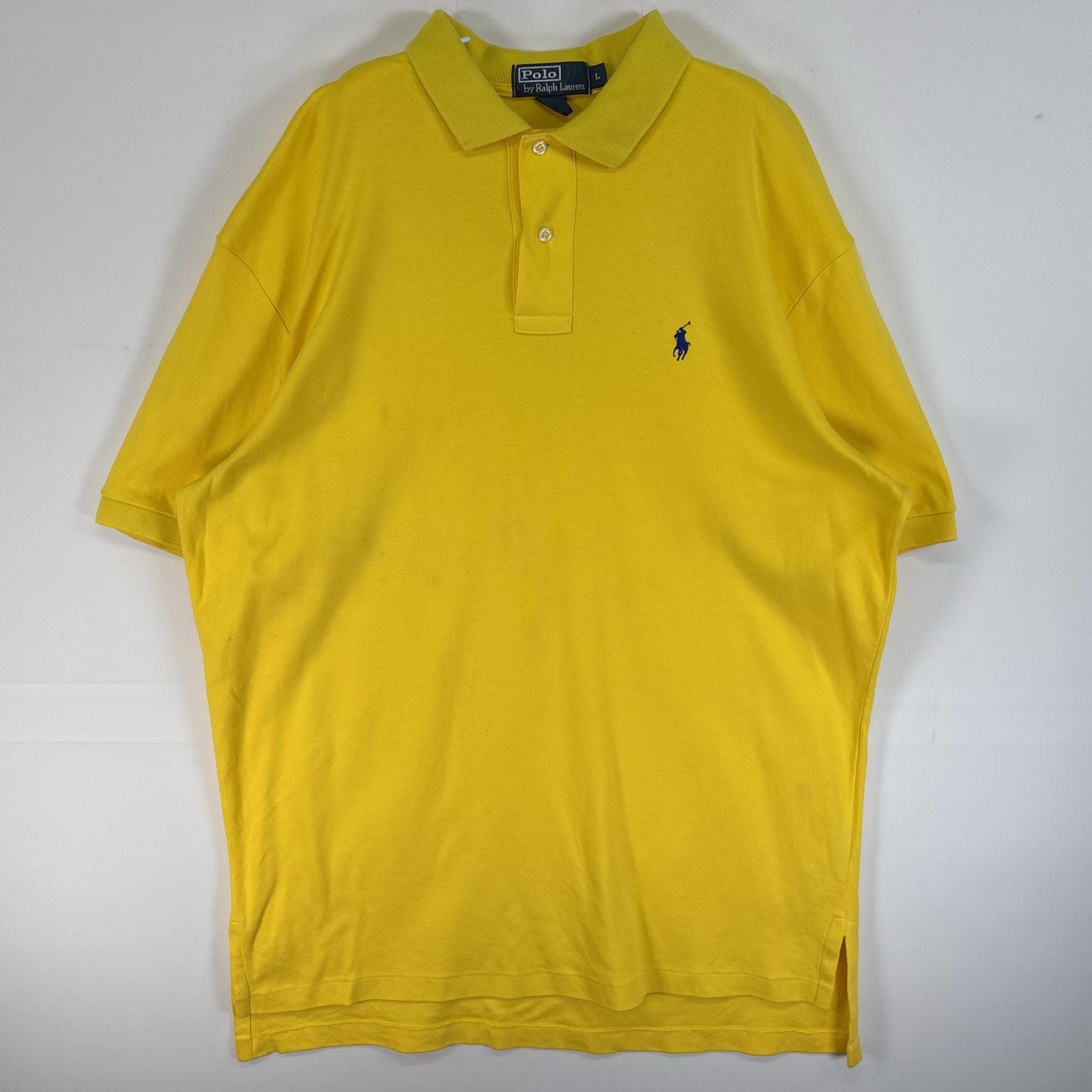 古着 90's/90年代 ポロバイラルフローレン Polo by Ralph Lauren 半袖 ポロシャツ ロゴ 刺繍 2ボタン L イエロー 無地 メンズ
