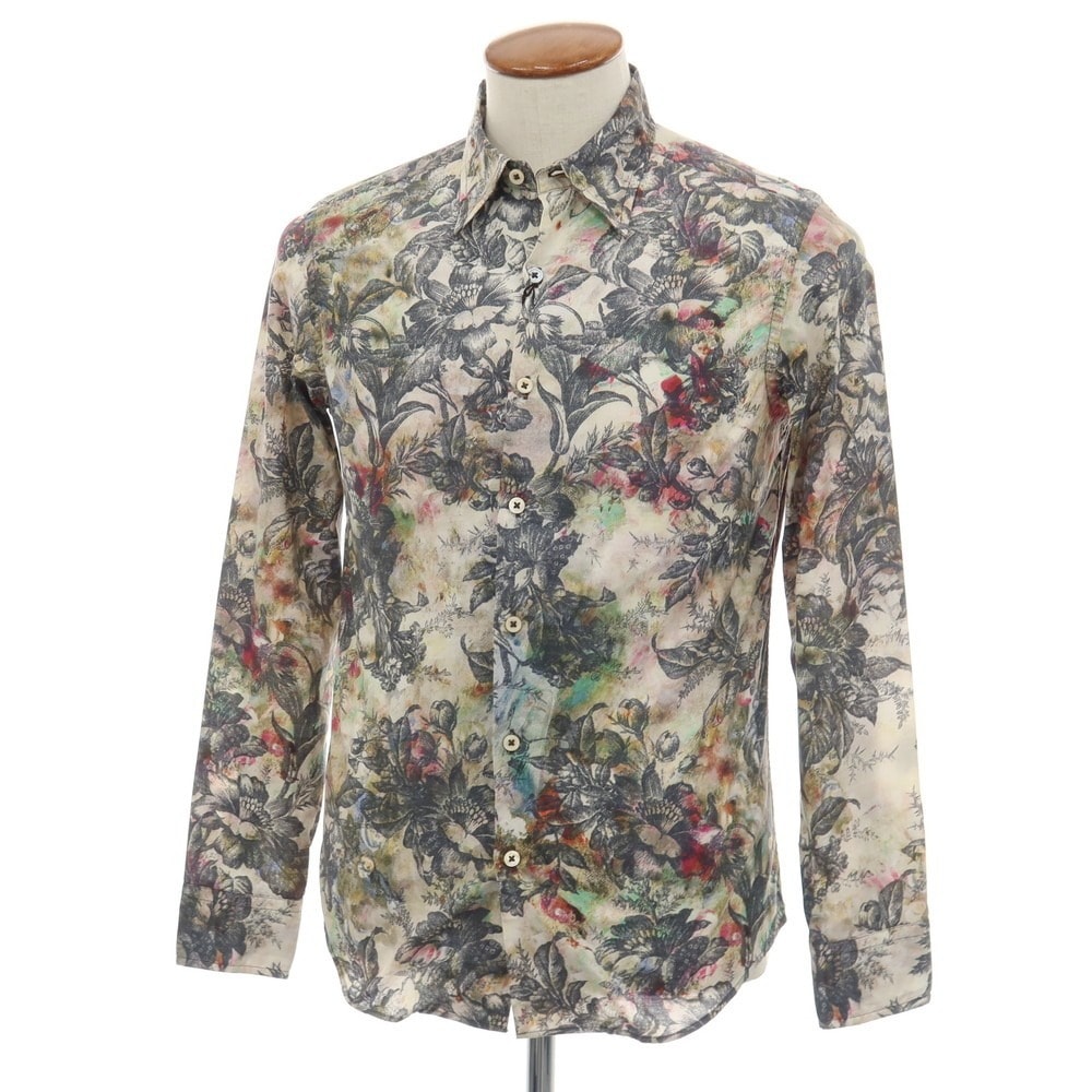 【中古】ポールスミスコレクション PAUL SMITH COLLECTION コットン ボタニカル プリント レギュラーカラー カジュアルシャツ ライトベージュxブラック【サイズM】【メンズ】