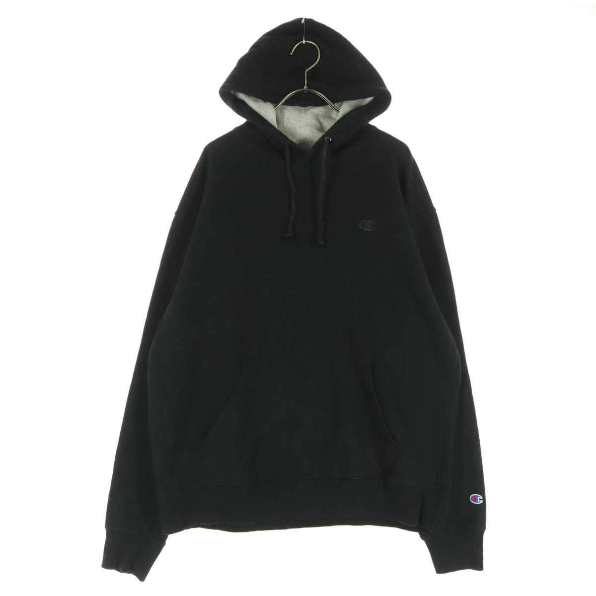 Champion チャンピオン ワンポイントロゴ 長袖 ダブルフェイス スウェットパーカー L ブラック