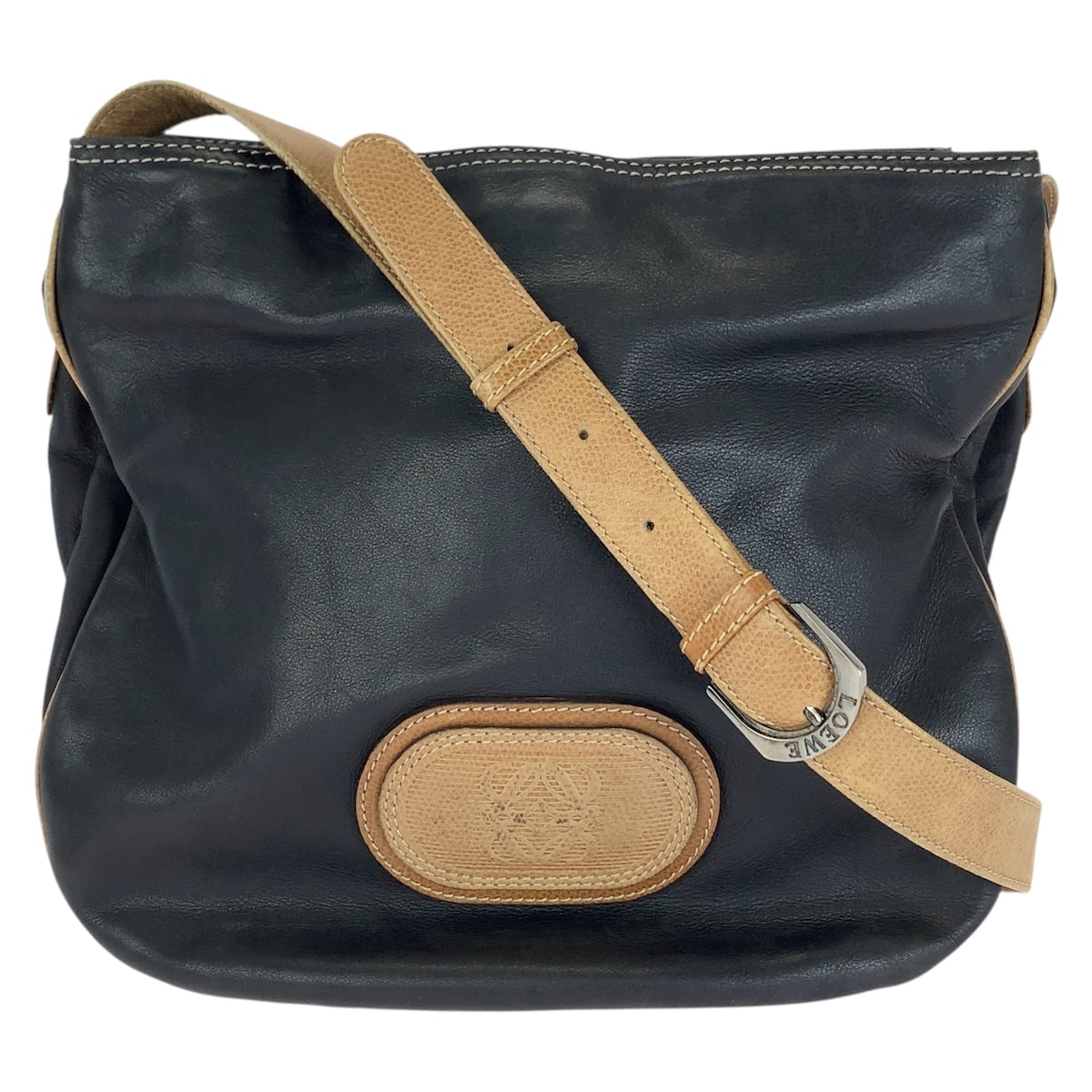 LOEWE ロエベ ヴィンテージ アナグラム ブラック ブラウン シルバー金具 レザー ショルダーバッグ 1-0294208 【中古】
