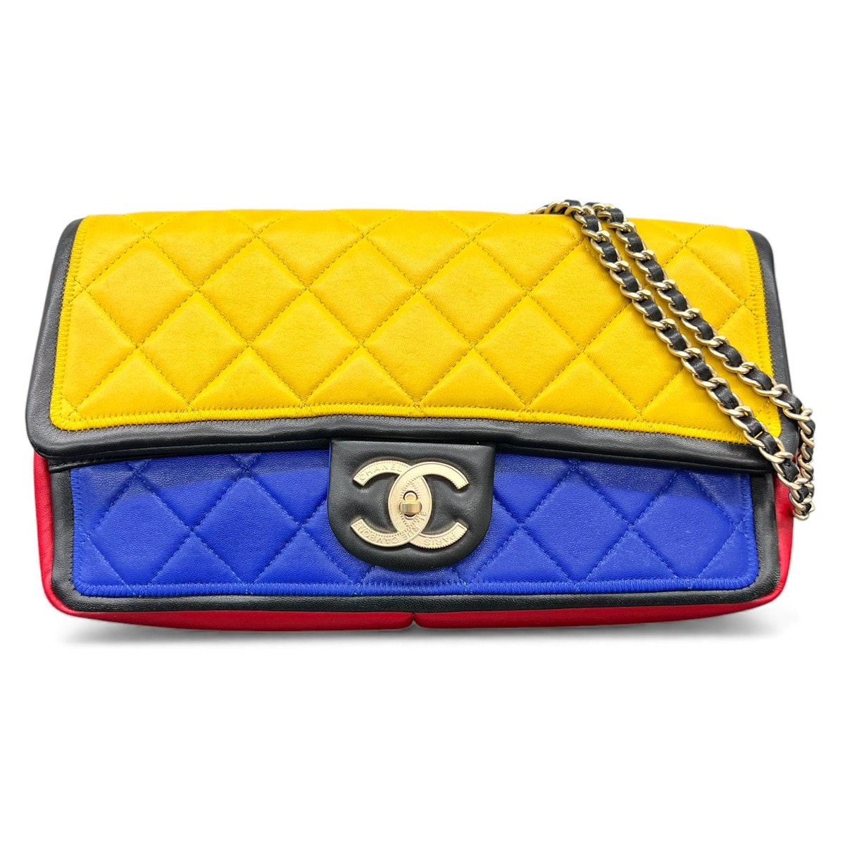 CHANEL 希少 美品 シャネル マトラッセ モンドリアン Wチェーンショルダーバッグ トリコロール ラムスキン レザー 17番台シリアル ショルダーバッグ セミショルダー ゴールド金具 ココマーク ABランク 鑑定済 中古