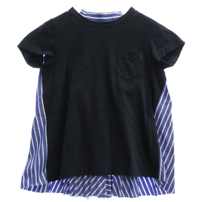 Sacai サカイ Tシャツ 18SS 18-04003 バックプリーツ ストライプシャツ切替 ドッキング 半袖 Tシャツ ブルー系 ネイビー系 1【中古】