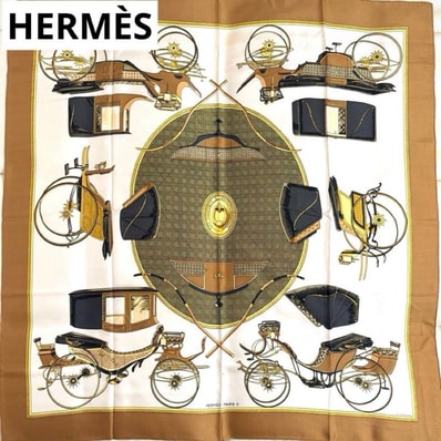 【美品】エルメス カレ90 シルク スカーフ 折りたたみ式幌の馬車 ブラウン 大判 HERMES ブランド 羽織り 額装 インテリア タグあり 上品