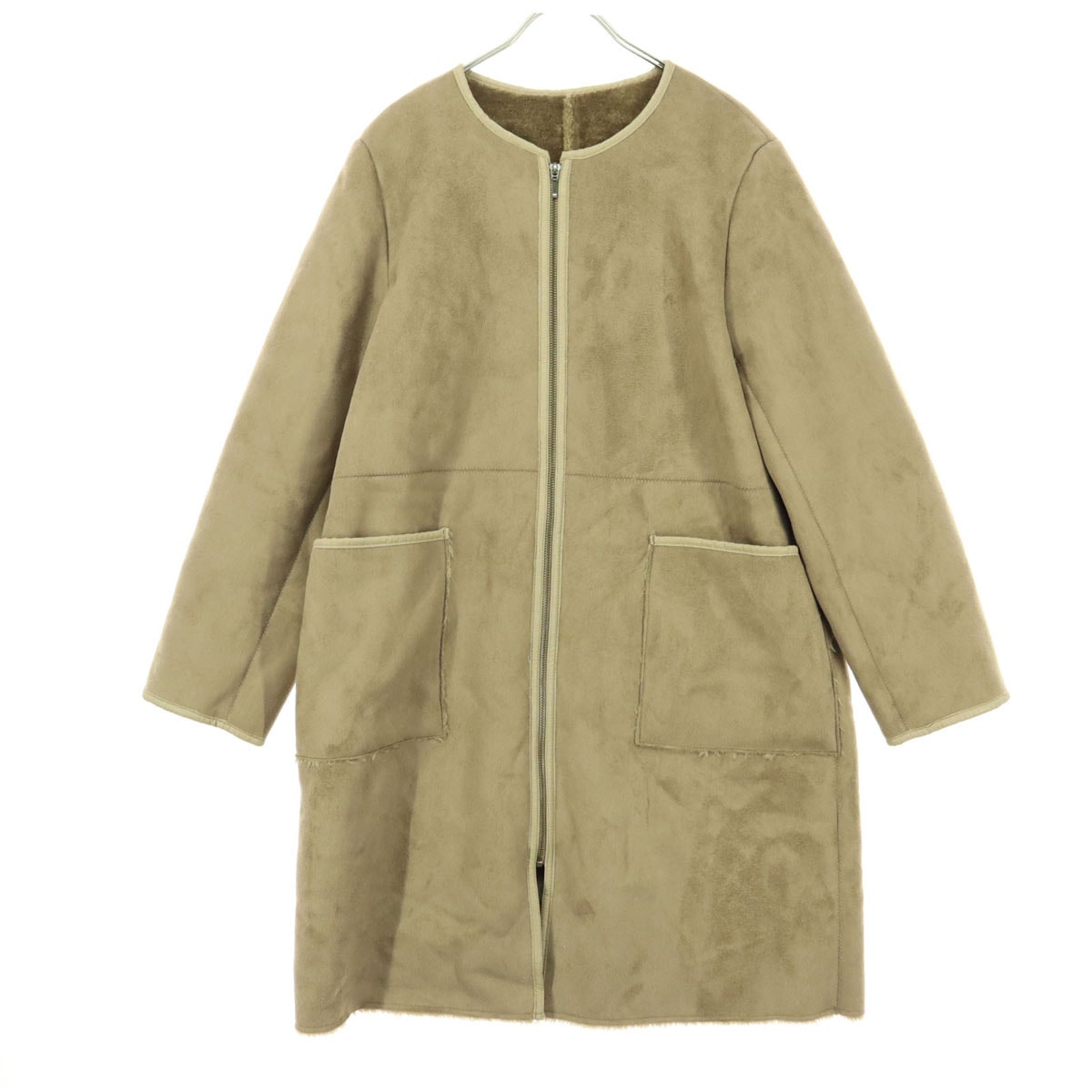 美品 BEAMS HEART ビームスハート 長袖 ノーカラー フェイク ムートンコート M ブラウン