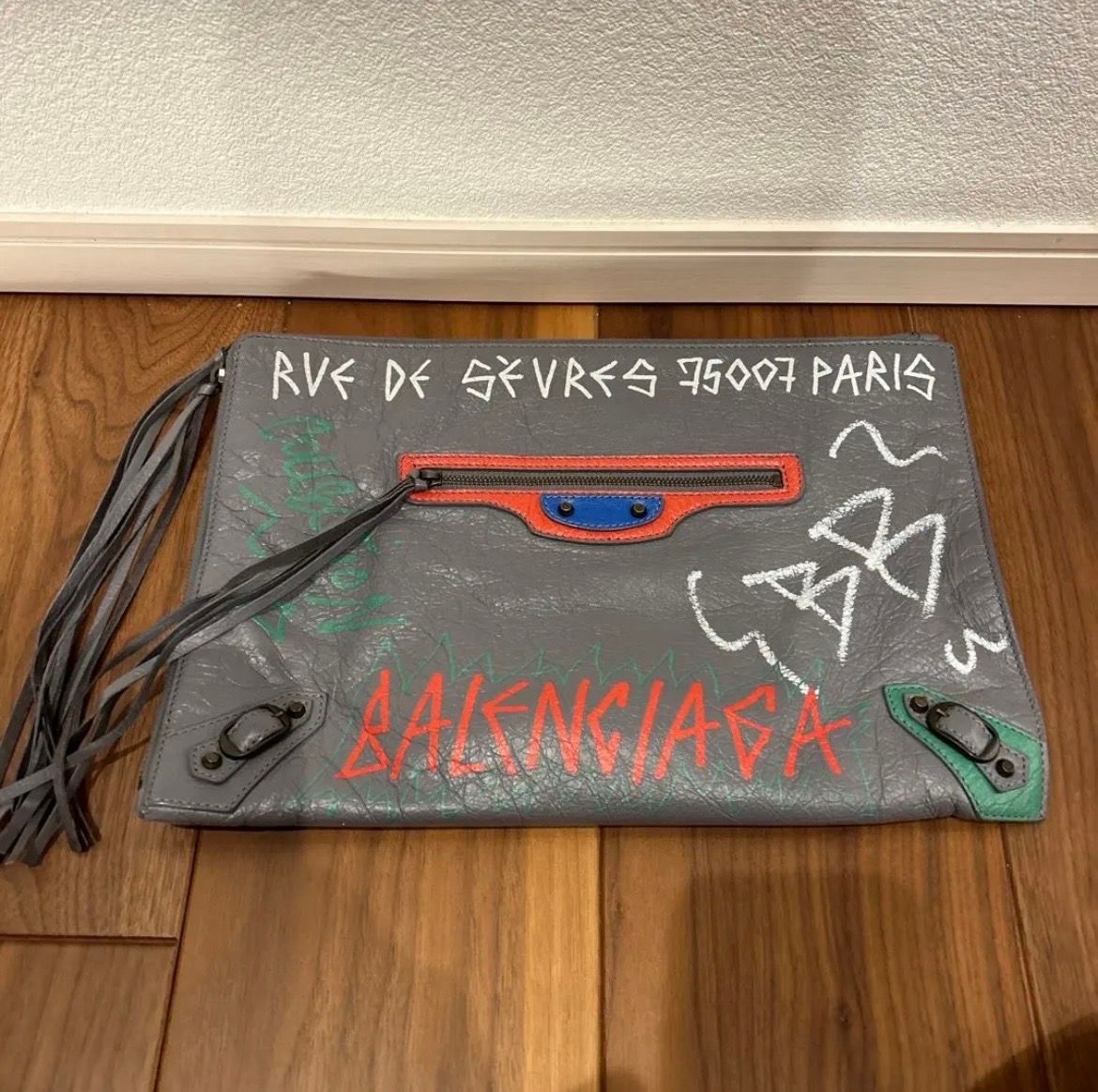 BALENCIAGA Leather City Graffiti Clutch Bag "Grey/Red/Blue/Green/White"