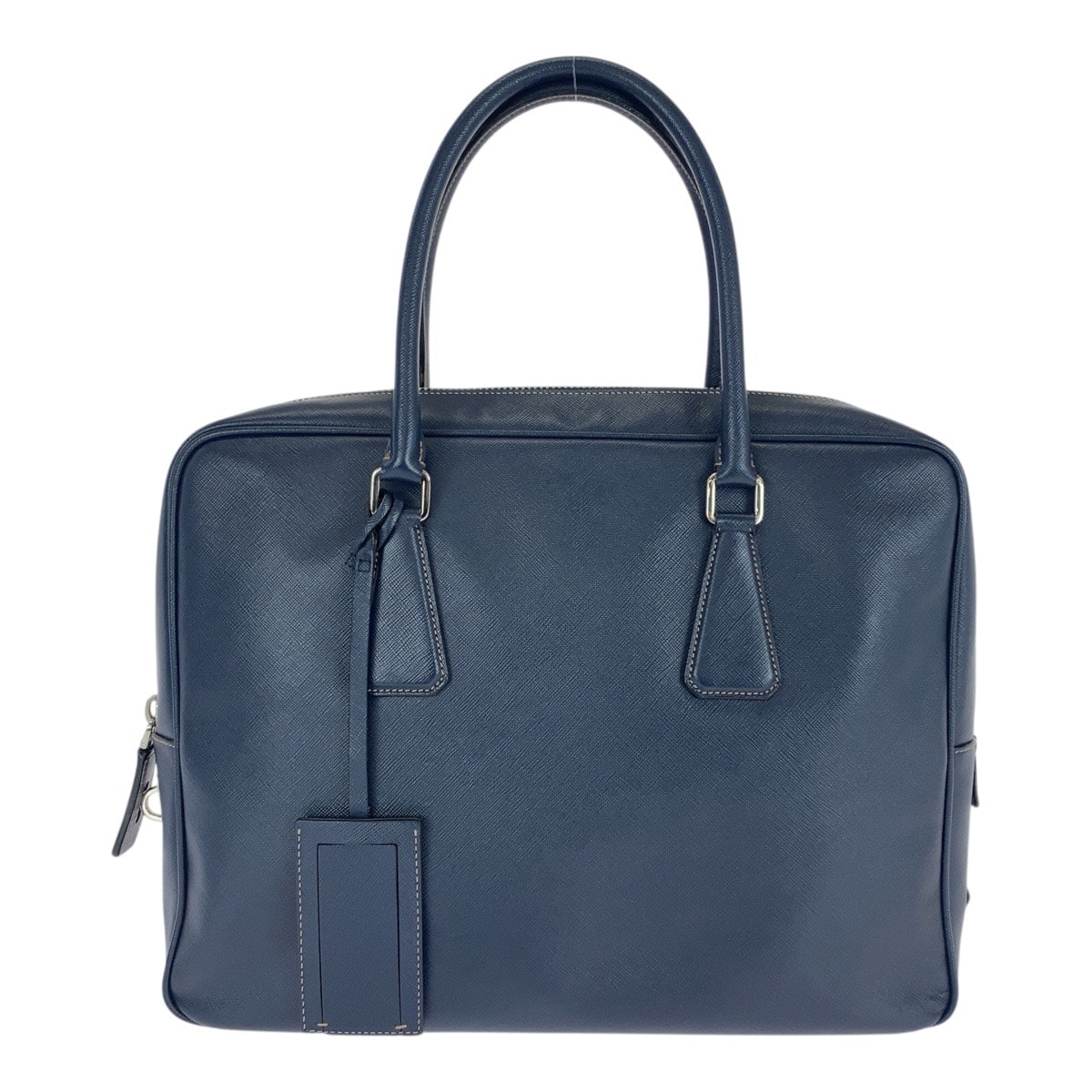 美品 PRADA プラダ サフィアーノ ネイビー シルバー金具 レザー ビジネスバッグ ブリーフケース 505857 【中古】