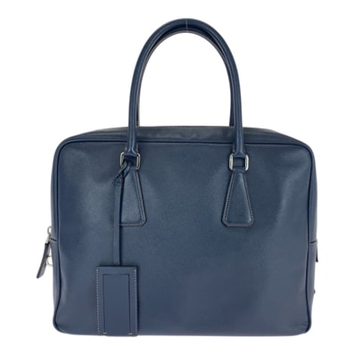 美品 PRADA プラダ サフィアーノ ネイビー シルバー金具 レザー ビジネスバッグ ブリーフケース 505857 【中古】