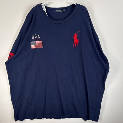 古着 ポロ・ラルフローレン POLO RALPH LAUREN 半袖Tシャツ ビッグポニー 星条旗 大きいサイズ 3XB ネイビー 無地 メンズ