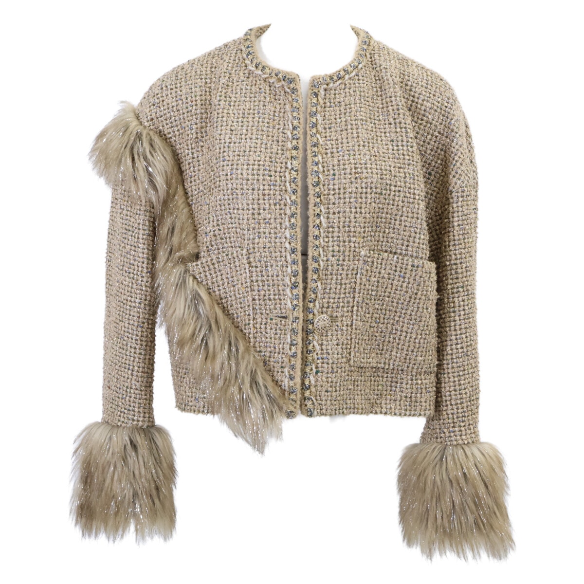 シャネル 【美品/国内正規】21A P71081V62249 ツイード ビジューココマークボタン ノーカラージャケット 38