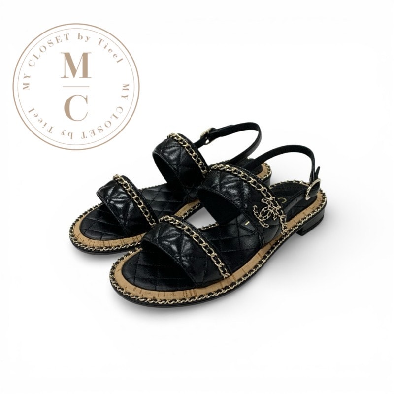 シャネル CHANEL サンダル 靴 シューズ レザー コルク ブラック ゴールド ココマーク マトラッセ チェーン フラット