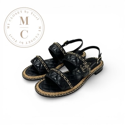 シャネル CHANEL サンダル 靴 シューズ レザー コルク ブラック ゴールド ココマーク マトラッセ チェーン フラット