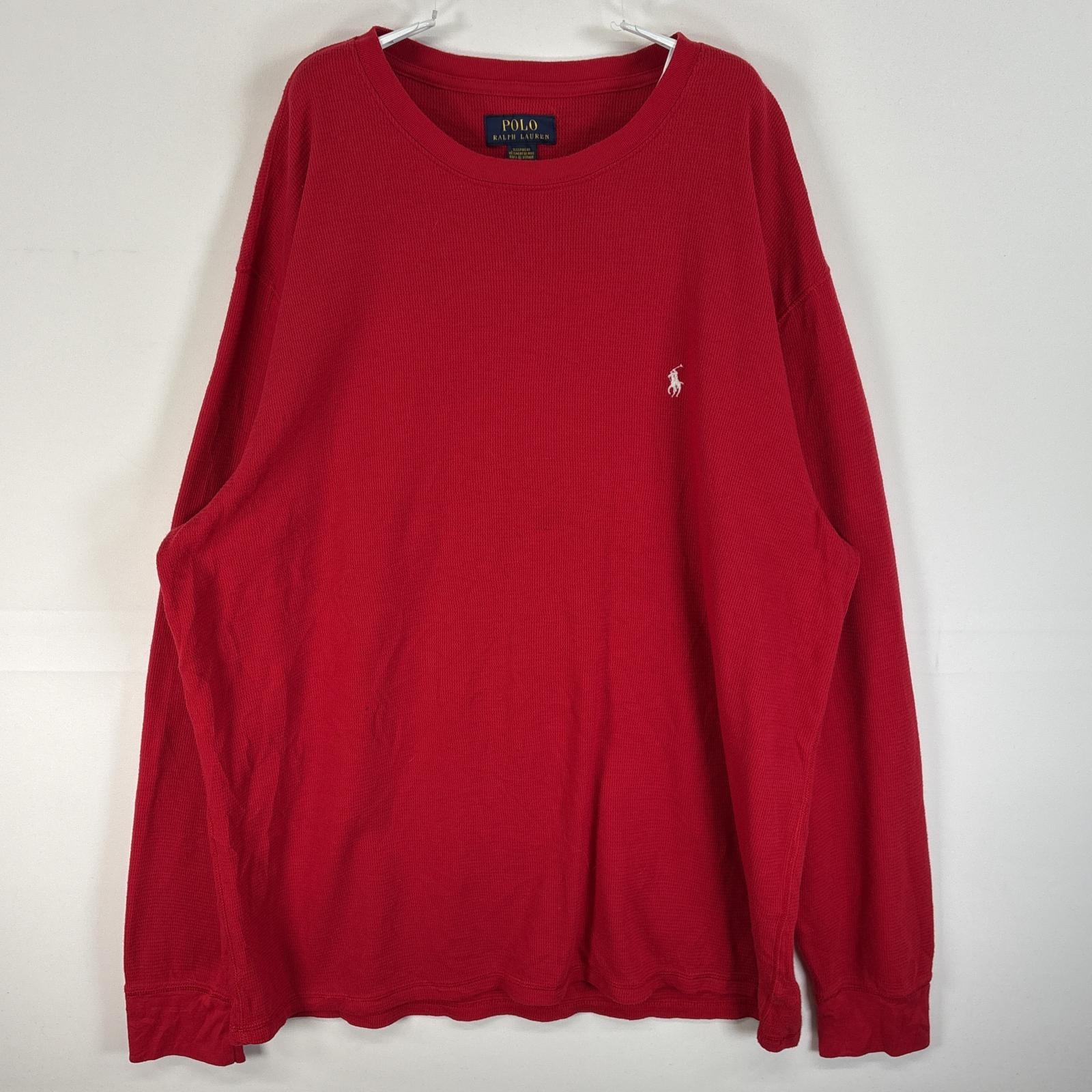 古着 ポロ・ラルフローレン POLO RALPH LAUREN 長袖Tシャツ ロゴ 刺繍 サーマル ワッフル 2XL  レッド 無地 メンズ