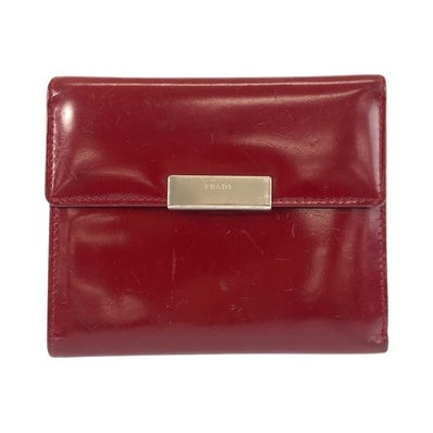 PRADA プラダ レッド シルバー金具 パテントレザー 折り財布 コンパクトウォレット 601958 【中古】