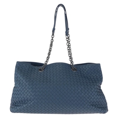 美品 BOTTEGAVENETA ボッテガヴェネタ イントレチャート ネイビー ガンメタ金具 レザー チェーンショルダーバッグ トートバッグ 601867 【中古】