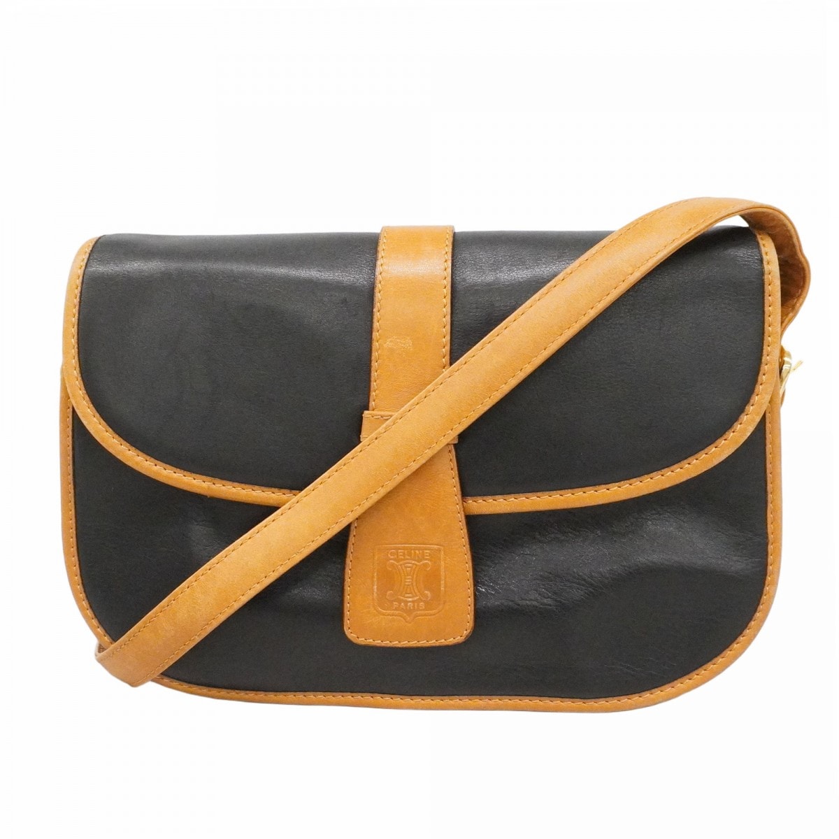 【6cd5113-k】セリーヌ ショルダーバッグ レザー ブラック ブラウン ゴールド金具【中古】レディース