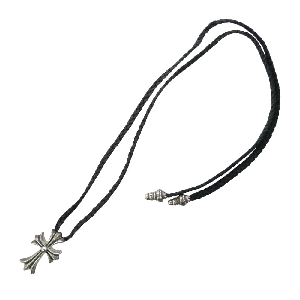 Chrome Hearts Small CH Cross Leather Braid W Bolo Tip Necklace "Silver"