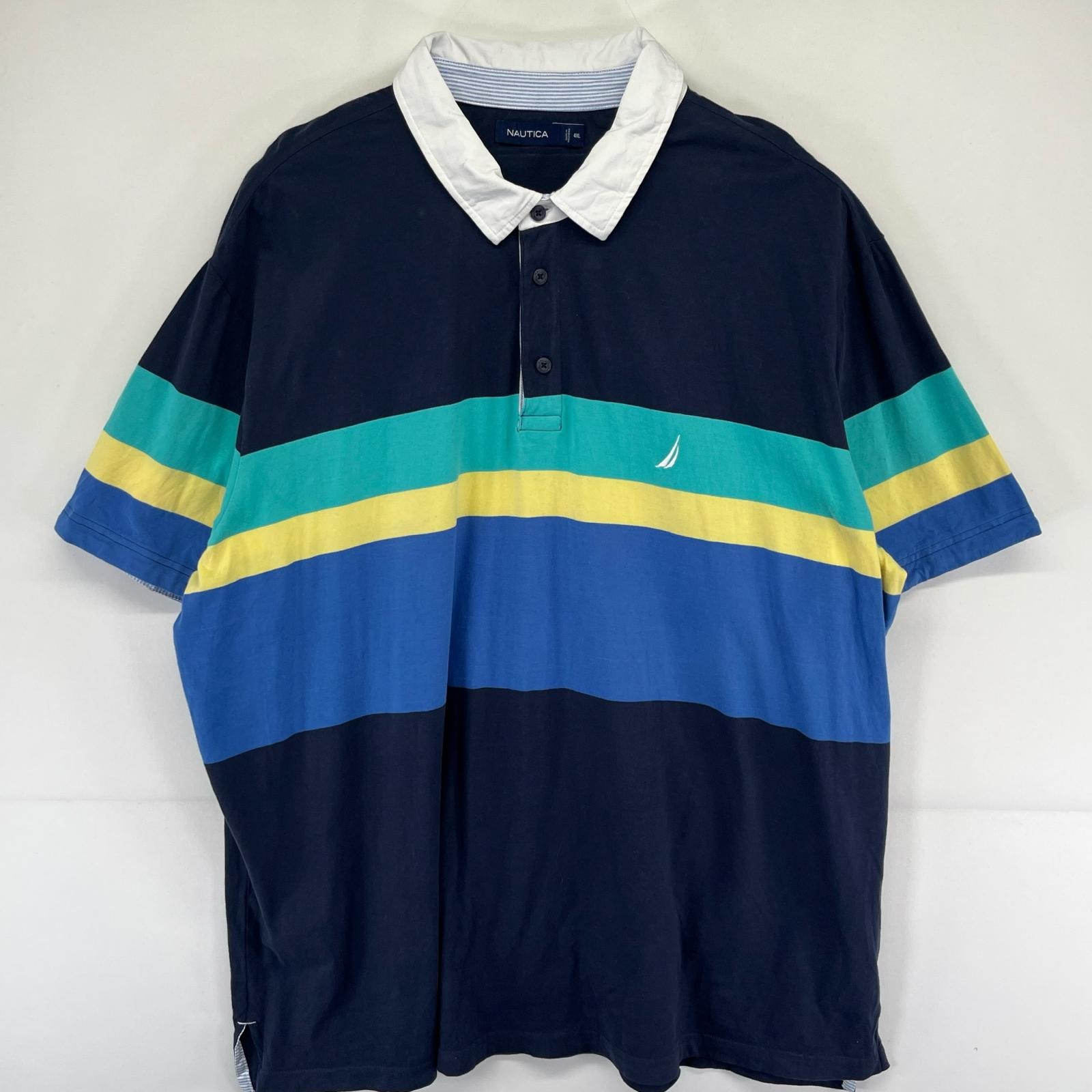 古着 ノーティカ NAUTICA 半袖Tシャツ ラガーシャツ 刺繍 大きいサイズ ワンポイントロゴ 4XL  ブルー系 メンズ
