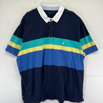 古着 ノーティカ NAUTICA 半袖Tシャツ ラガーシャツ 刺繍 大きいサイズ ワンポイントロゴ 4XL ブルー系 メンズ