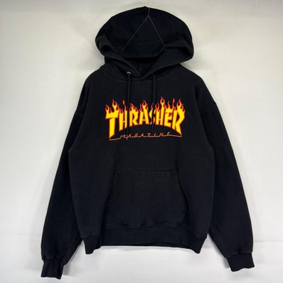 古着 スラッシャー THRASHER パーカー ワンポイントロゴ スウェット スケーター プルオーバー S ブラック系 メンズ