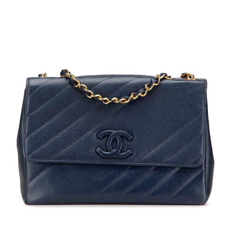 シャネル ココマーク バイアスステッチ チェーン ショルダーバッグ ネイビー ゴールド金具 キャビアスキン レディース CHANEL 【中古】