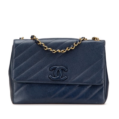 シャネル ココマーク バイアスステッチ チェーン ショルダーバッグ ネイビー ゴールド金具 キャビアスキン レディース CHANEL 【中古】
