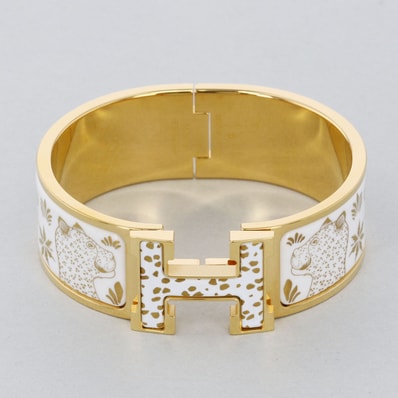 HERMES エルメス クリッククラック Hバングル レオパード バングル 700001 メタル エナメル ゴールド ホワイト レディース【中古】