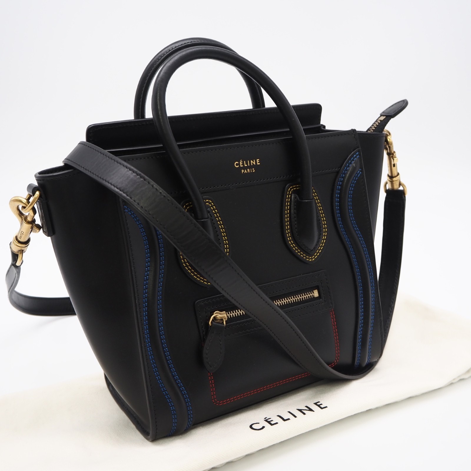 極美品 CELINE セリーヌ ラゲージ ナノショッパー ハンドバッグ 17792 3ADG 2wayハンドバッグ ブラック マルチカラー カーフレザー レディース