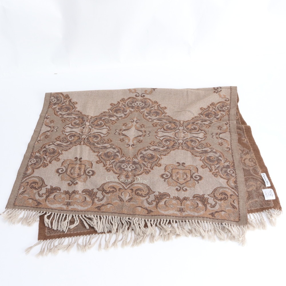 ■美品 クリスチャンディオール 総柄 フリンジ 大判 ひざ掛け ブランケット