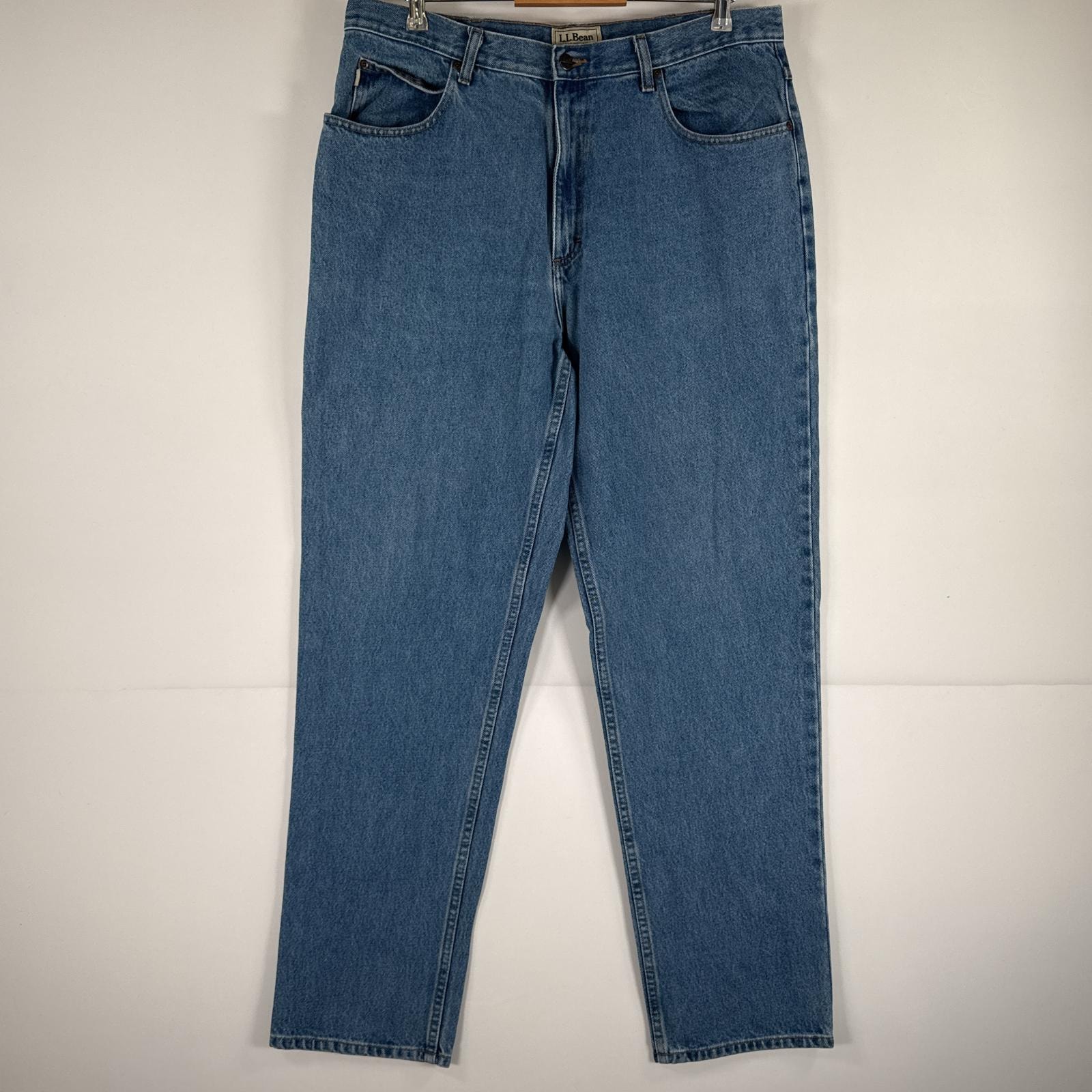 古着 エルエルビーン L.L.Bean デニムパンツ ジーパン テーパード ジーンズ 5ポケット 大きいサイズ レザーパッチ w38 L34  ブルー メンズ