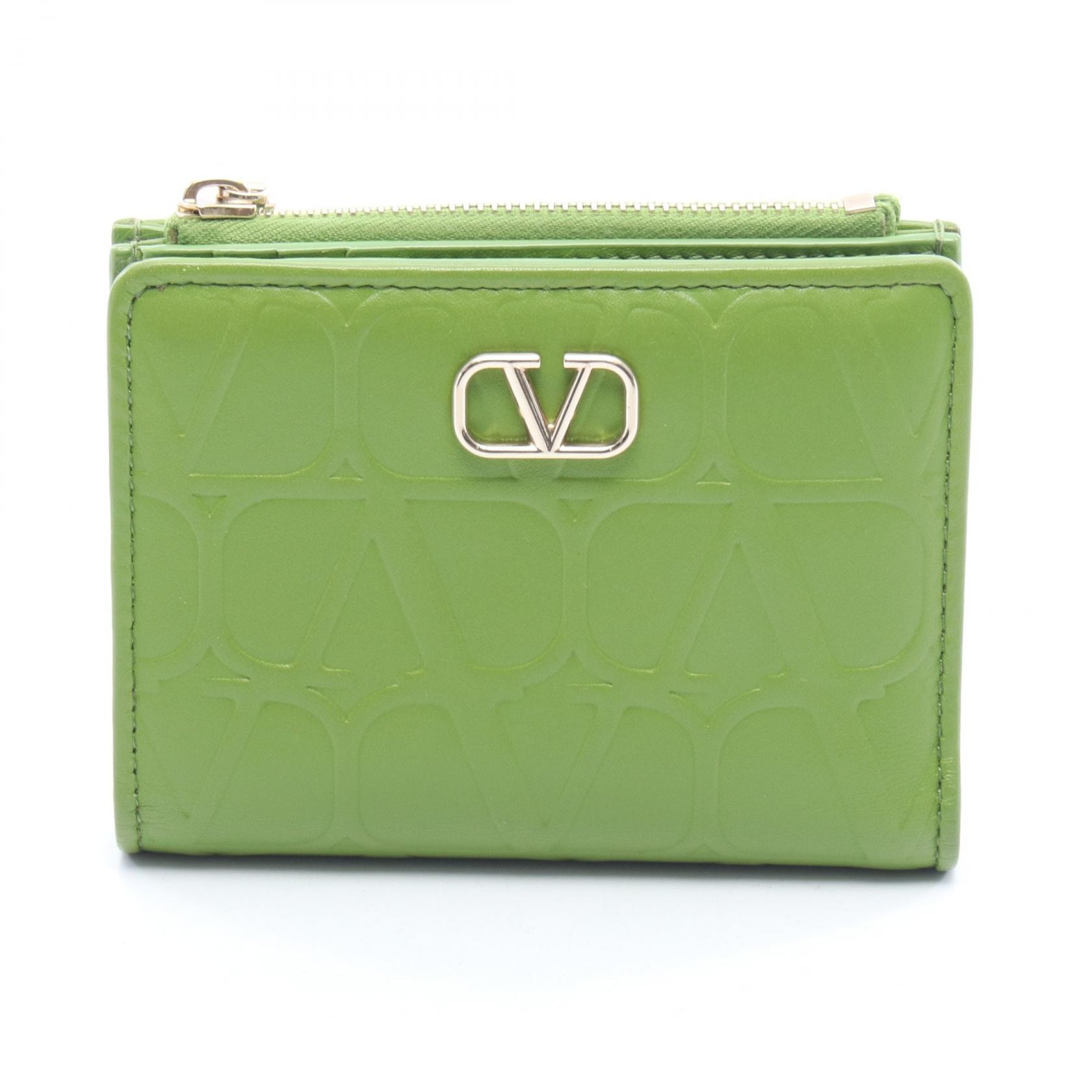 ヴァレンチノ Valentino トワル イコノグラフ 二つ折り財布 財布 レザー レディース グリーン系 【中古】