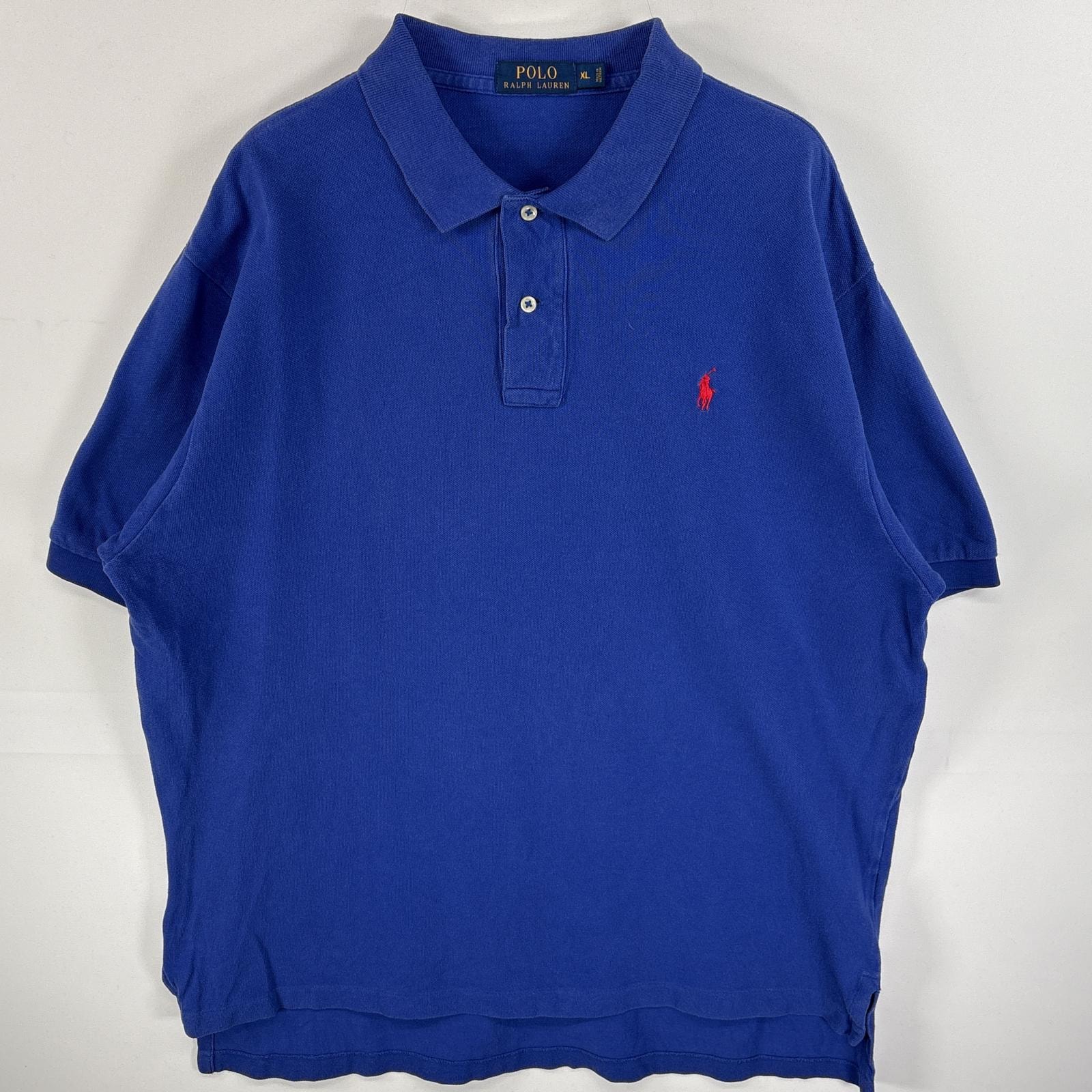 古着 ポロ・ラルフローレン POLO RALPH LAUREN 鹿の子 半袖 ポロシャツ ワンポイント ロゴ 刺繍 大きいサイズ 2ボタン XL  ブルー 無地 メンズ