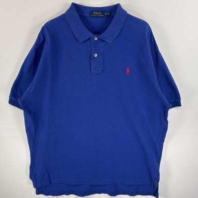 古着 ポロ・ラルフローレン POLO RALPH LAUREN 鹿の子 半袖 ポロシャツ ワンポイント ロゴ 刺繍 大きいサイズ 2ボタン XL ブルー 無地 メンズ